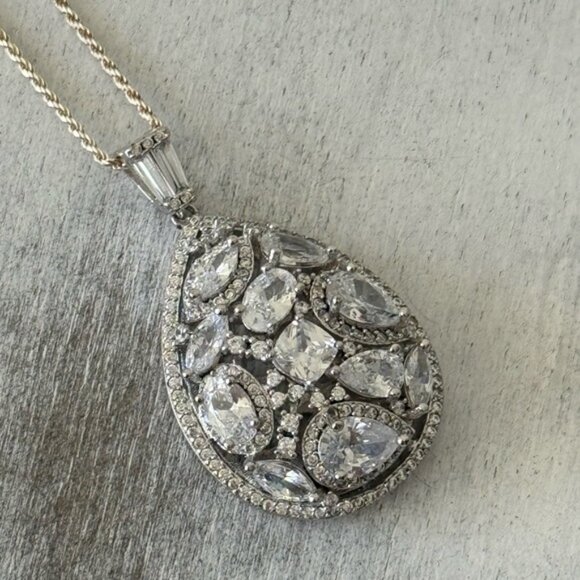 FZN 925 Sterling Silver Necklace w Filigree Teardrop Crystals Pendant 13" long - Picture 1 of 16